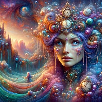 The primary subject of the image is a woman with a unique and colorful appearance. She is wearing a headpiece that features a clock on it, and she is surrounded by a variety of colorful elements, such as clocks, gears, and other decorative elements. The setting appears to be a futuristic or fantastical environment, with a backdrop of a mountain. The visual style of the image is digital art, as it is a highly detailed and intricate illustration. The colors and mood of the image are vibrant and lively, with a sense of whimsy and creativity.